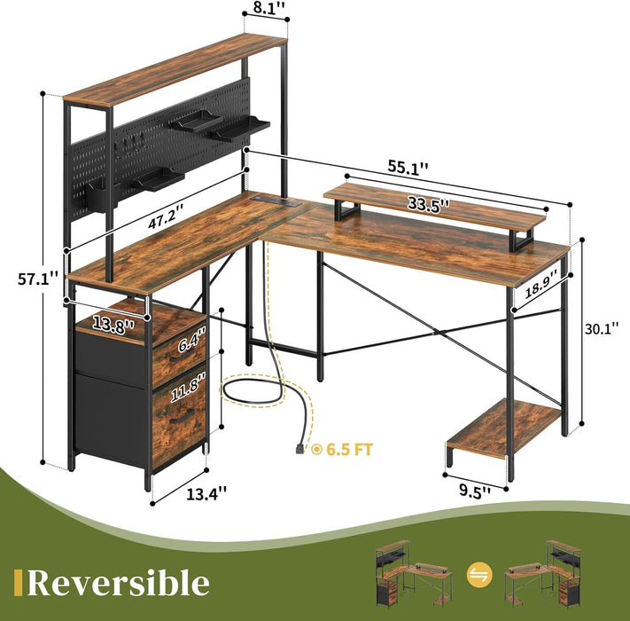 L Shaped Desk with Pegboard, Reversible Computer Desk with Drawers & Storage Shelves, Gaming Desk with LED Lights & Power Outlets, Office Desk with Monitor Stand Corner Desk Home Office Desks