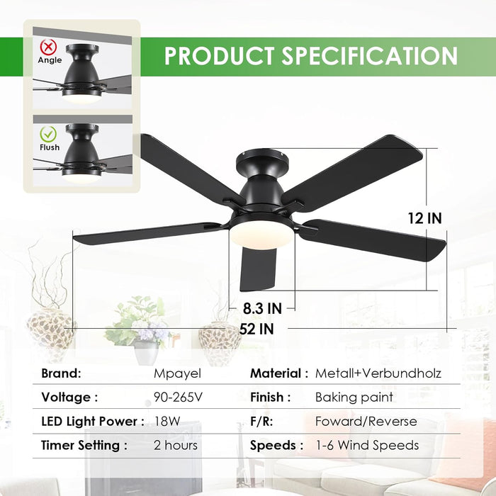 Ceiling Fans with Lights- 52" Low Profile Indoor Ceiling Fan with Light and Remote/App Control, Flush Mount, LED Dimmable DC Reversible Modern Ceiling Fan for Bedroom（Black）