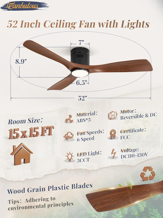 52" Ceiling Fans with Lights and Remote Control,Modern Flush Mount Ceiling Fan with 3 Cct,Low Profile Ceiling Fans with 6-Speeds Reversible DC Motor for Patio Living Room Bedroom(Walnut)
