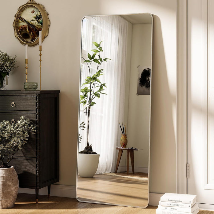 Silver Full Length Mirror 21 X 56 Inch Nano Floor Mirrors with Stand Rounded Corner Full Body Mirrors with Aluminum Alloy Frame for Bedroom Living Room Checkroom