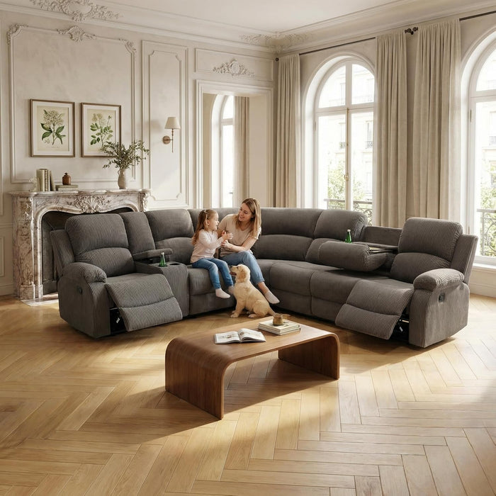 Manul Recliner Sectional Sofa for Living Room, Corduroy Fabric Sectional Reclinig Couch L Shape Recliner Sofa with Cup Holders, Storage Console and Drop down Table (Peanut)