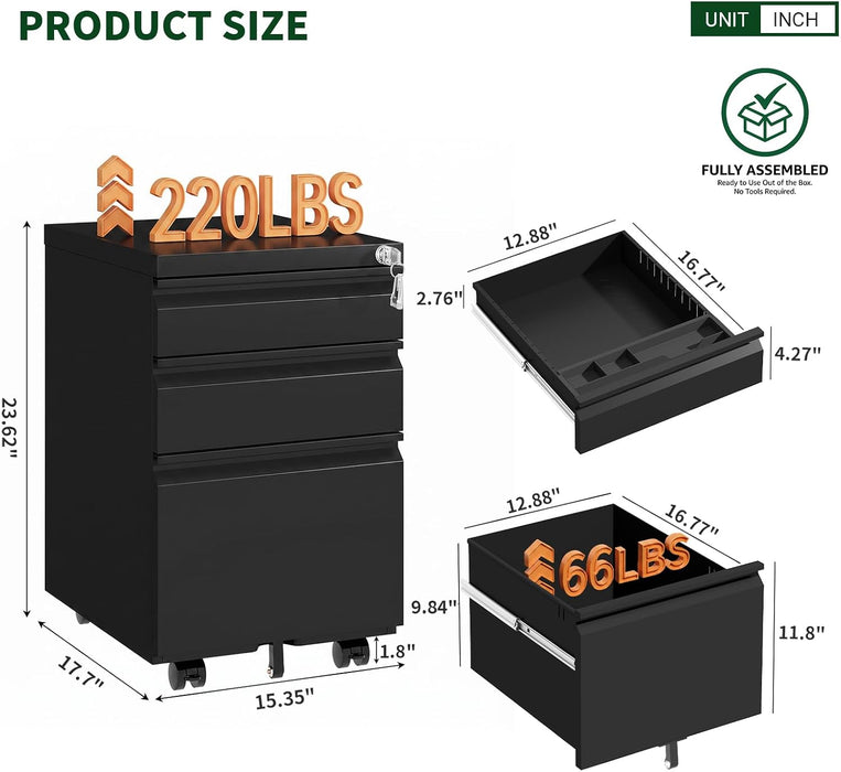3 Drawer Metal File Cabinet with Lock & Rolling Casters