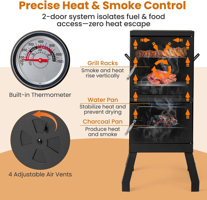 Outdoor Smoker with Double Doors, 2 Detachable Grill Netting Smoking Racks, Charcoal Pan & Water Pan, 4 Air Vents, Thermometer, Vertical Charcoal Smoker for Barbecue Camping Backyard Grill