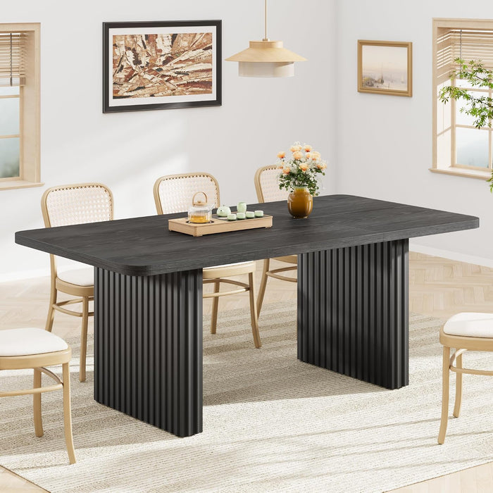 Modern Dining Table for 6-8, 71" Rectangular Farmhouse Kitchen Table with 3.6"×22.9" Black Fluted Wave Metal Legs & Wooden Top, Large Dining Table for Home Office, Dining, Black