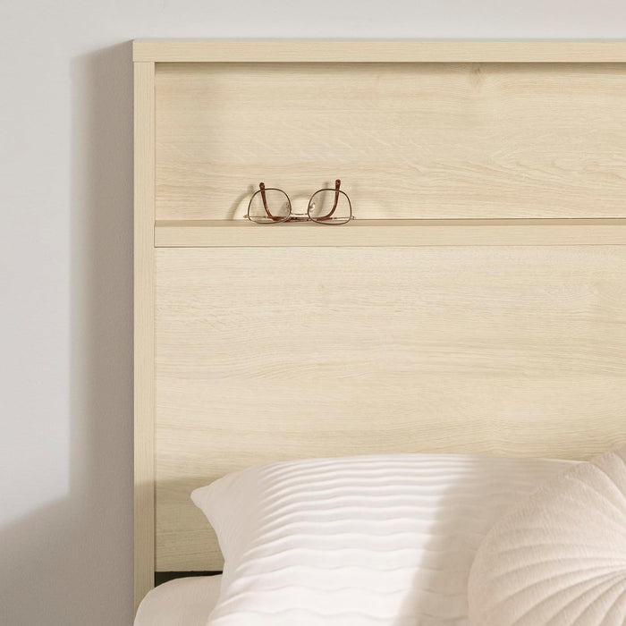 Fusion Platform Bed and Headboard with Storage Shelf Set, Full/Queen, Bleached Oak