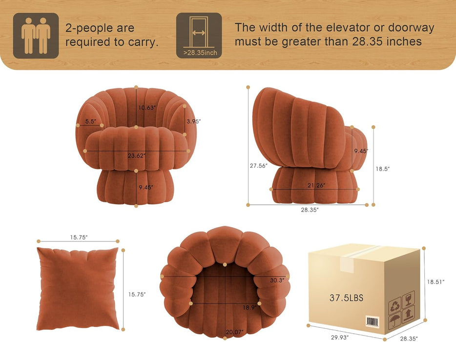 Mid Century Modern 360 Degree Barrel Swivel Accent Sofa Chair,Fluffy Velvet Fabric Lounge Wide Upholstered Pumpkin Reading Chair, round Cloud Armchair for Living Room,Bedroom,Vanity(Burnt Orange)