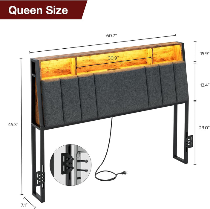 Queen Size Hidden Storage Headboard with LED Lights, Ergonomic Upholstered Queen Headboard Only with Charging Station, 2 Outlets & 2 USB Ports, Easy Assembly, Attach Frame, Dark Grey