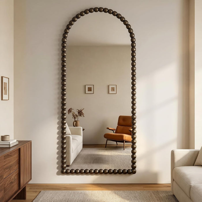 71" X 28" Arched Full Length Mirror, Antique Beaded Frame Floor Standing or Wall Mounted Mirror with Stand for Bedroom, Entryway, Bronze, Luxury Style