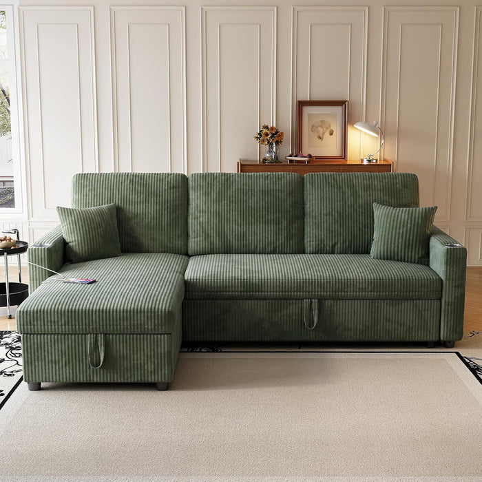 Luxurious Corduroy Green 83-Inch Sleeper Sectional Sofa