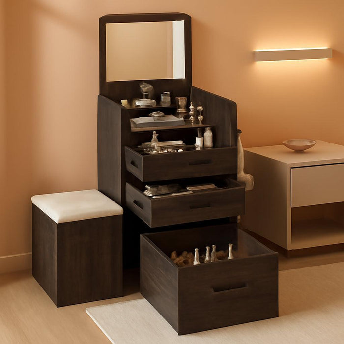 Small 3-In-1 Vanity Desk with Mirror, Compact Makeup Table W/Cushioned Stool, Modern Grils' Dressing Table Vanity Set for Bedroom (Dark Rustic Oak)