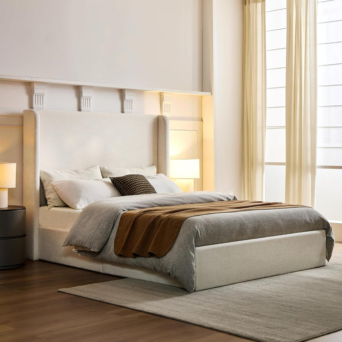 Queen Size Upholstered Wingback Bed with 54" Tall Headboard, Modern Minimalist Design Platform Bed, Textured Canvas Chenille, Easy Assembly, Sturdy Frame, Box Spring Required, Ivory