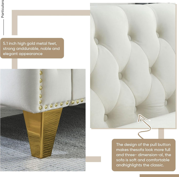 80-Inch Couches + 58-Inch Loveseat Sofa Set for Living Room, Modern Button Tufted Velvet Upholstered Sofa Couch with Square Armrests Inlaid with Gold Nail Heads and 4 Golden Metal Legs, Beige