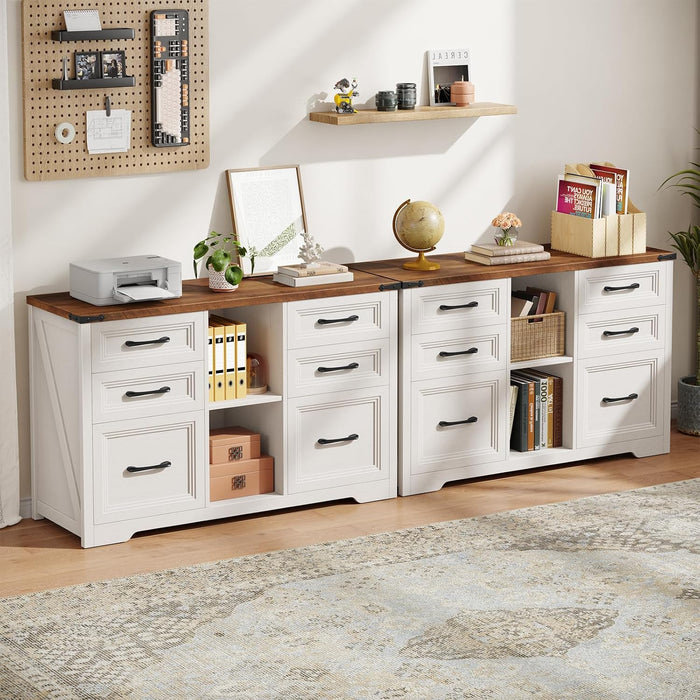 Farmhouse Lateral File Cabinet with 6 Drawers, Rustic White