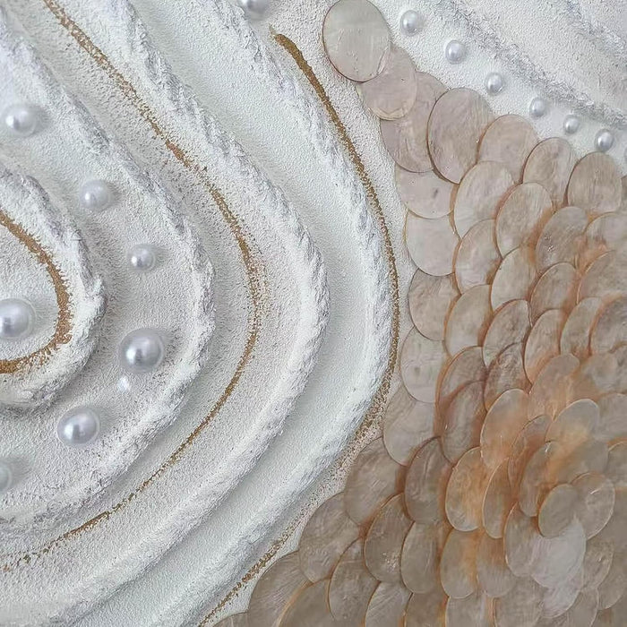 Modern Abstract Hand Painting with Natural Capiz Shell Wall Framed Ocean Artwork,Shell Shadow Box Wall Art，Art Painting - Handmade Collage of Natural Golden Shell, Bedroom Decor Framed Abstractartwork for , 23.6×31.5 Inch