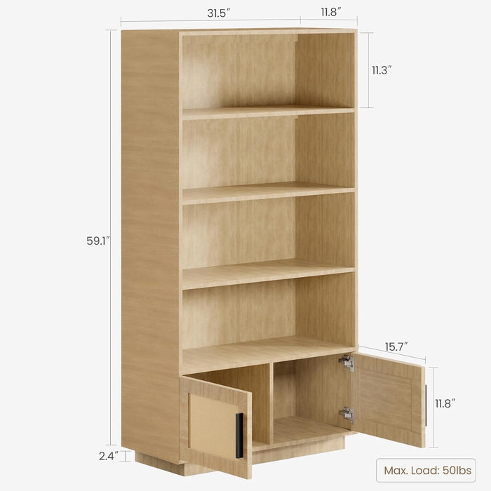 5 Tier Bookshelf, Boho Bookcase with Rattan Doors - Wood | Wooden Bookcase and Bookshelf with Storage, Tall Book Stand, Large Bookshelf for Living Room, Bedroom, Home Office, Kitchen