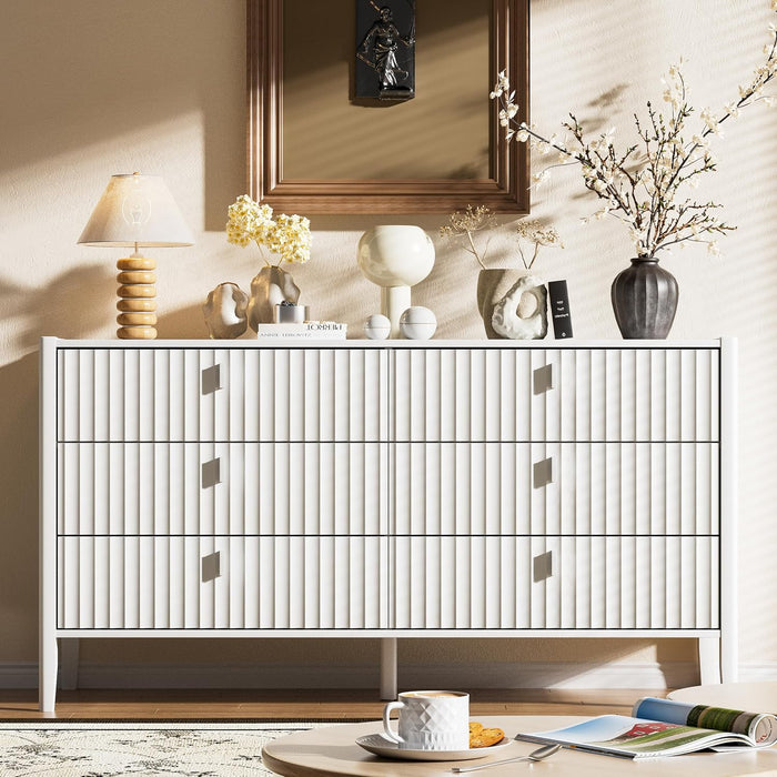 White 6 Drawer Dresser, Modern Wide Dresser for Bedroom, Fluted Wood Chest of Drawers with Metal Handles for Clothes, Storage Cabinet for Living Room, Entryway, Office