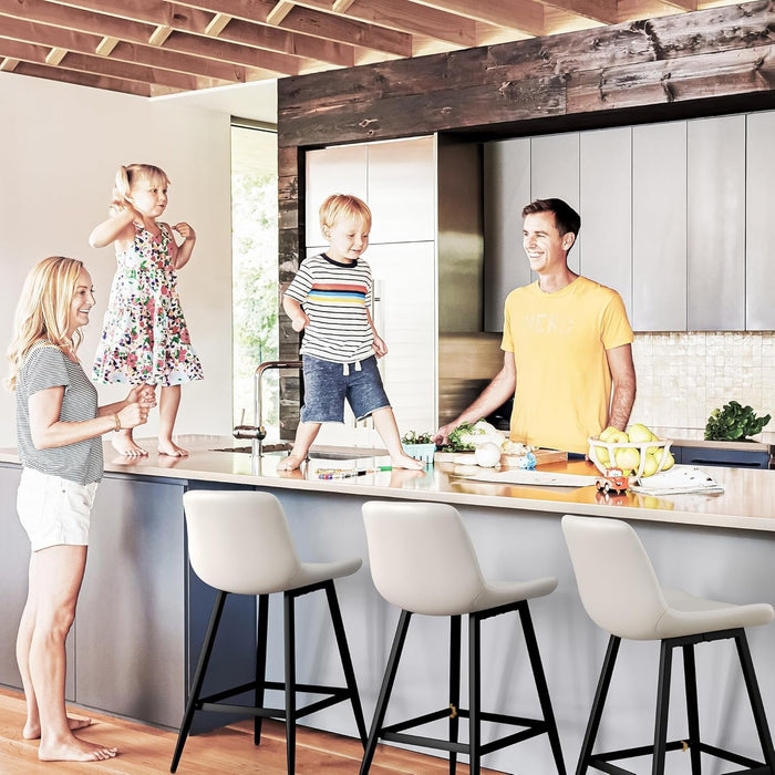 24 Inch Counter Stool, Modern Bucket Barstool Set of 3, Barstools with Back and Footrest, Faux Leather Bar Stools for Kitchen Island Restaurants, Antique White