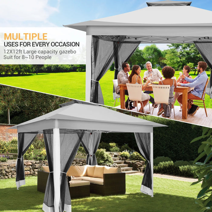 12X12Ft Outdoor Pop up Gazebo with Mosquito Netting, Instant Patio Canopy Tent for Shade and Rain, 2 Tiered Vente Gazebo Canopy for Garden Backyard with Carry Bag&4 Sandbags