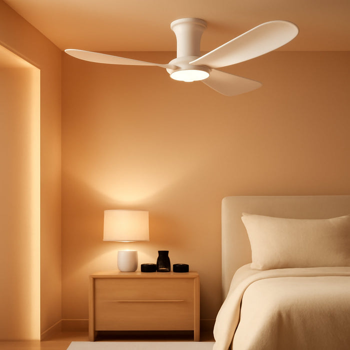 52In Smart Low Profile Ceiling Fans with Lights Remote,Quiet DC Motor,Outdoor Indoor Flush Mount Ceiling Fan,Control with WIFI Alexa App,Dimmable,6-Speed,3 White Wood Blades,For Modern Bedroom Patio