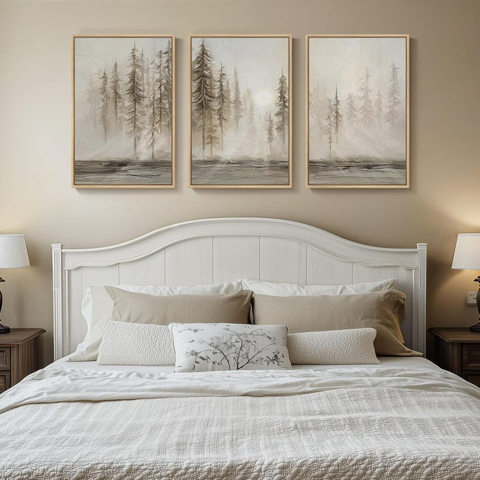 Framed Neutral Wall Art for Living Room, Large 3 Piece Abstract Pastel Grunge Forest Landscape Tree Canvas Artwork Set, Modern Art Decorative Nordic Painting Picture Prints for Hallway Office 24X36 In