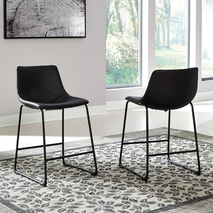 Signature Design by Ashley Counter Height Bar Stool, Set of 2, Black | French Black Faux Leather, Contoured Bucket Seat, Sturdy Metal Frame, 24 Inch Class, Centiar Series