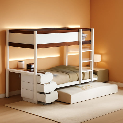 Twin over Twin Bunk Bed Twin Size Trundle, Wood Twin Bunk Bed with USB Ports, Storage and Desk, White+Walnut