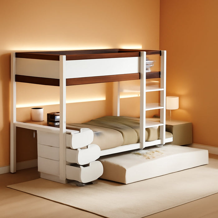 Twin over Twin Bunk Bed Twin Size Trundle, Wood Twin Bunk Bed with USB Ports, Storage and Desk, White+Walnut