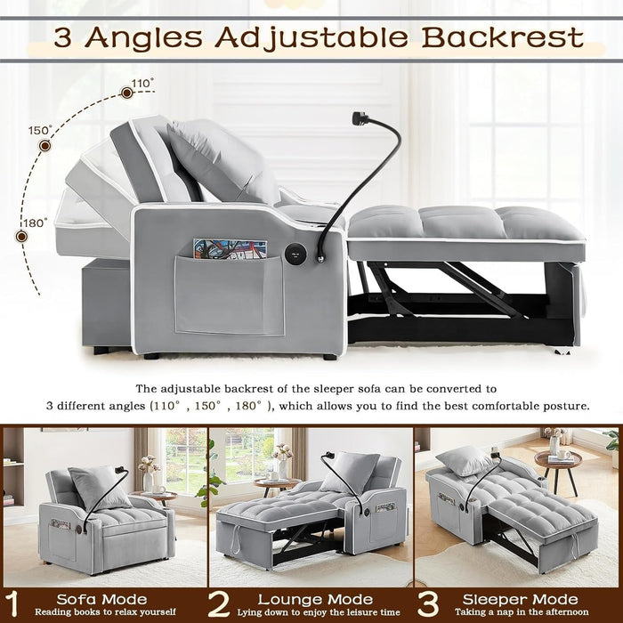 Gray Convertible Sleeper Chair With Builtin Cupholder