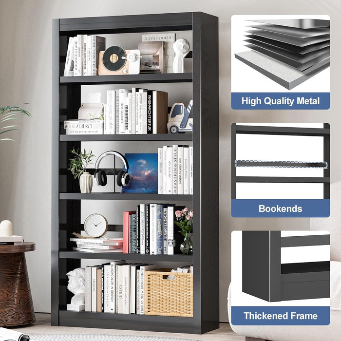 Adjustable Five Tier Black Metal Library Bookshelf