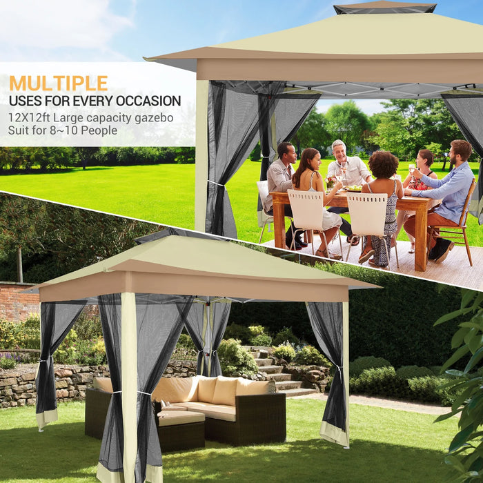 12X12Ft Outdoor Gazebo Pop up Gazebo with Mosquito Netting, Instant Patio Canopy Tent for Shade and Rain, 2 Tiered Vente Gazebo Canopy UPF 50+ for Garden Backyard with Carry Bag&4 Sandbags