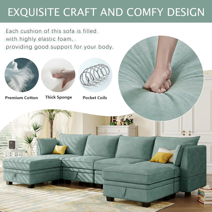 Large U-Shaped Combination Corner Sofa with Storage Seat, Modular Sectional Sofa with Reversible Chaise, for Living Room, Office, and Spacious Space, Light Green