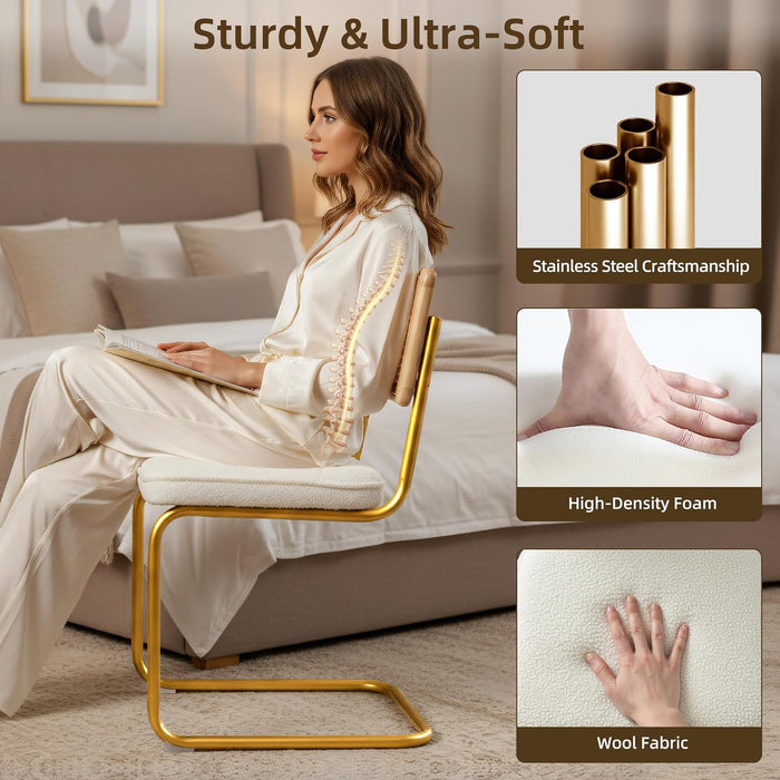 Rattan Dining Chairs Set of 2, Modern Kitchen Chairs with Natural Mesh Rattan Backrest & Solid Thick Metal Legs, Upholstered Fleece Armless Side Chairs for Living Room, Study, Cream