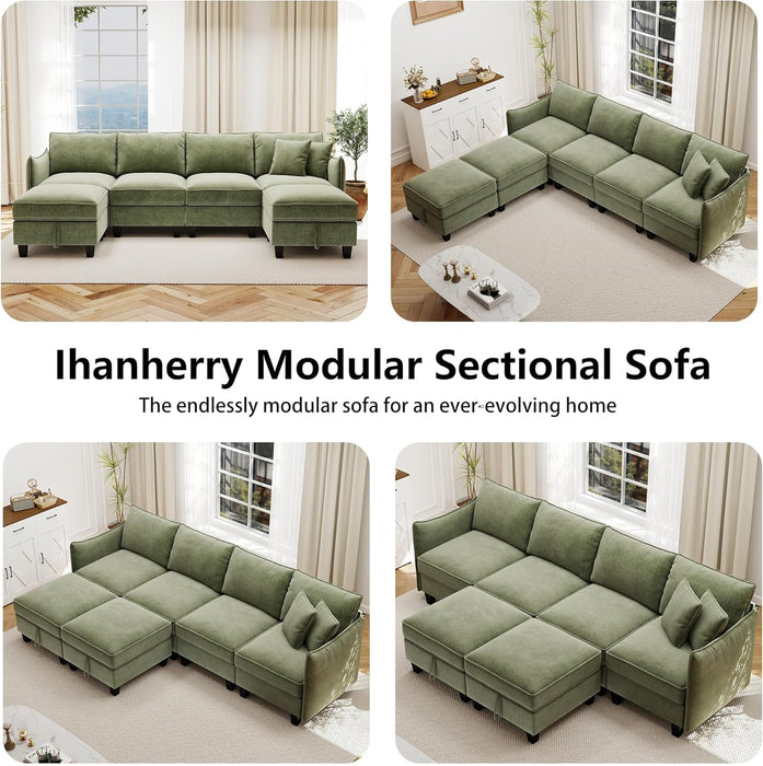 Green 112Inches Sectional Sofa With Storage Ottomans