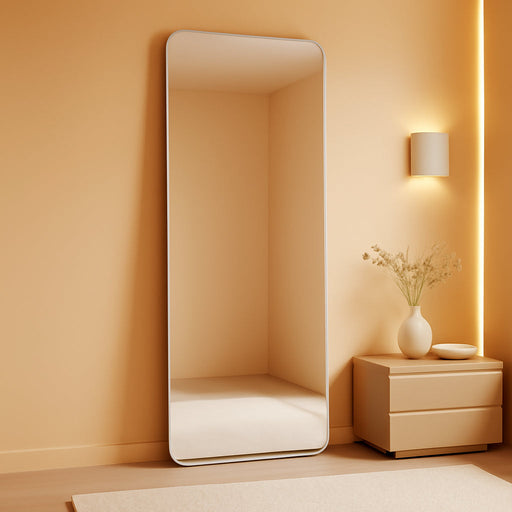 Silver Full Length Mirror 21 X 56 Inch Nano Floor Mirrors with Stand Rounded Corner Full Body Mirrors with Aluminum Alloy Frame for Bedroom Living Room Checkroom