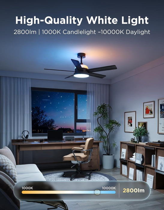 Ceiling Fan with Lights, RGBIC Smart 52'' Low Profile Ceiling Fan with Lights and Remote, Reversible DC Motor, Dimmable, 2800Lm, Ceiling Fan for Bedroom, Living Room, Black