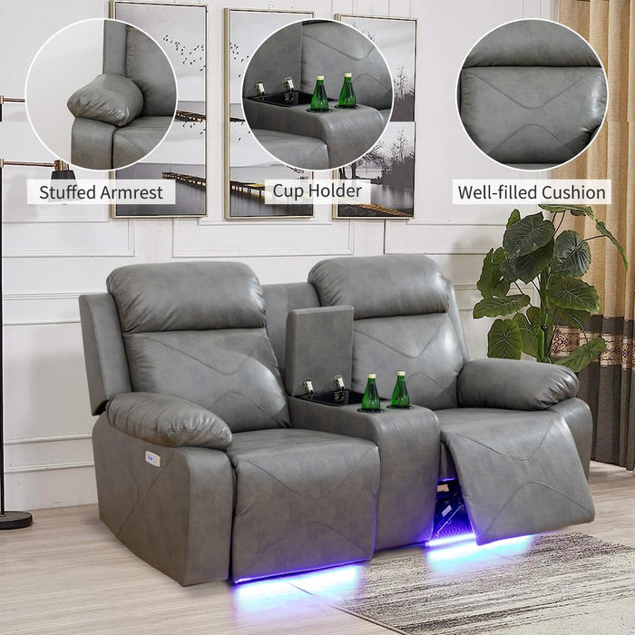 Power Recliner Sofa Set with LED Lights,Leather Living Room Furniture Set with USB Port/Storage Console/Cup Holders,Reclining Sofa Set for House/Home Theater(2 Pieces，Grey)