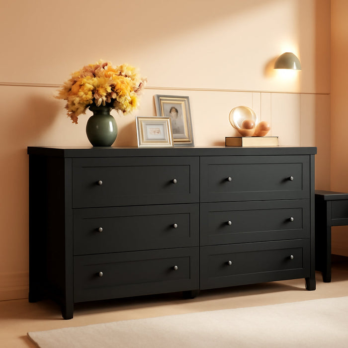 Farmhouse Black Dresser for Bedroom, 53.07'' Wide 6 Drawer Wood Dresser, Chest of Drawers with Double Rustic Handle, TV Stand for 60 Inch TV, Modern Clothes Organizer for Living Room, Hallway