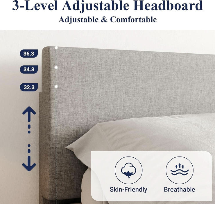 Queen Bed Frame with Upholstered Adjustable Headboard, Platform Bed with Wood Slats, Heavy Duty Mattress Foundation, No Box Spring Needed, Easy Assembly, Light Grey