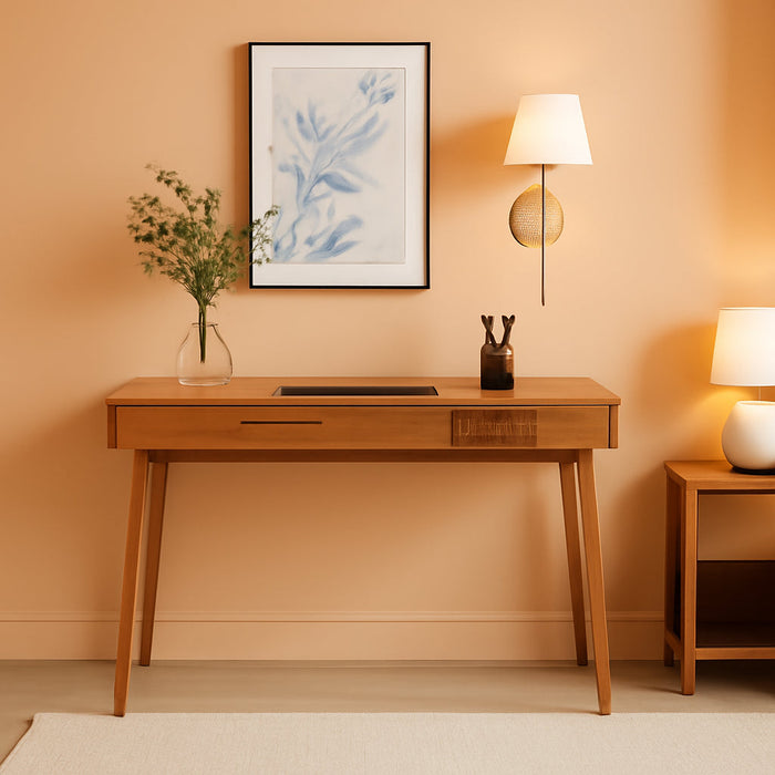 Jasper Small Home Office Desk with Storage, Bohemian Writing Desk with Drawer and Open Cubby, Natural Brown