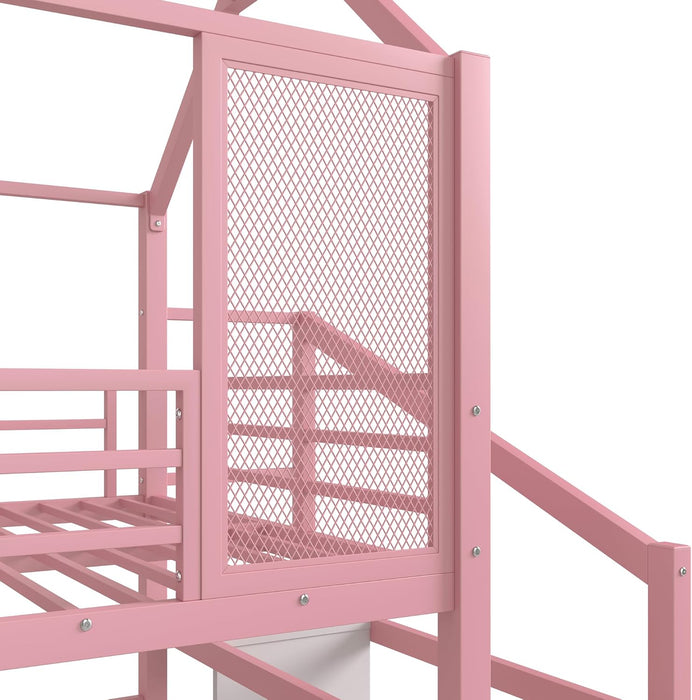 House Loft Bed Full Size, Full Size Loft Bed with Storage Stairs and Open Wardrobe, Heavy Duty Loft Beds with Slide for Girls, Boys, Noise-Free Design Pink