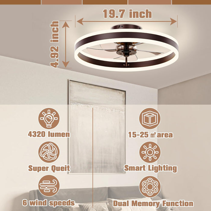 Low Profile Ceiling Fans with Lights and Remote, 19.7In Flush Mount Ceiling Fans with Light, 3000K-6500K Dimmable Fandelier LED Fan Light, Brown Bladeless Ceiling Fans with Lights for Bedroom