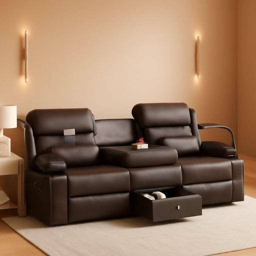 Home Theater Seating，Rv Reclining Sofa Set with Adjustable Headrest， Recliner Sofa with Heat and Usb&Type-C, Dawer & Cup Holders, 150° Recline for RV & Living Room(3-Seater Brown)
