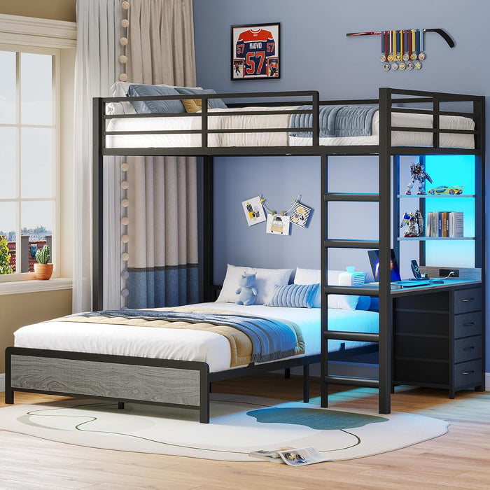 Twin over Full Bunk Bed with Desk, Bunk Beds Twin over Full Size with Charging Station & Led Lights, Storage Drawers & Shelves, Loft Bed with Safety Guardrail & Ladder for Kids/Teens, Grey
