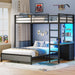 Twin over Full Bunk Bed with Desk, Bunk Beds Twin over Full Size with Charging Station & Led Lights, Storage Drawers & Shelves, Loft Bed with Safety Guardrail & Ladder for Kids/Teens, Grey