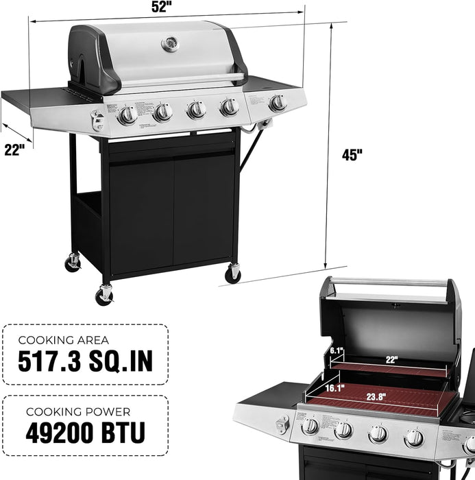 4 Burners Gas Grill with Side Burner, Propane Grill with Wheels and Storage, Outdoor Gas BBQ with Oil Tray and Thermometer for Patio and Party, 49200 BTU