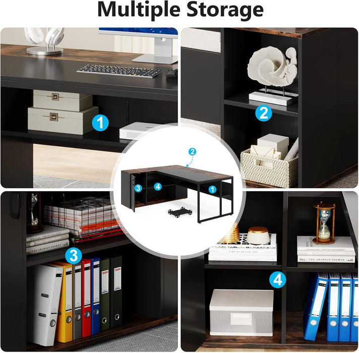 71 Inch Executive Desk, L Shaped Desk with Cabinet Storage, Executive Office Desk with Shelves, Business Furniture Desk Workstation for Home Office, Brown and Black