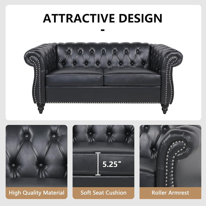 3 Piece Living Room Set, Sectional Chesterfield Sofa Chair Contemporary Upholstered Artificial Leather Loveseat Couch Sets for Living Room, Bedroom, Office (Black)