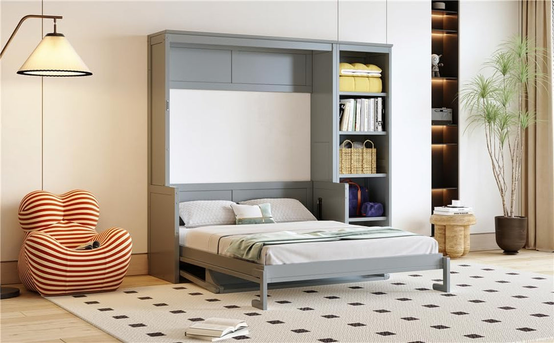 Murphy Bed Wall Bed, Fold-Down Wall-Mounted Bed with Desk and Bookshelf, Space-Saving Guest for Small Rooms, Easy Assembly, Full/Queen Size (Gray, Full)