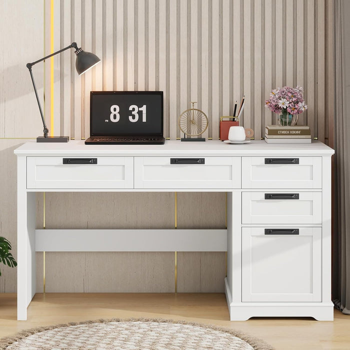 55" Farmhouse Home Office Desk with File Drawer, Executive Computer Desk with 4 Storage Drawers, Rustic Computer Desk for Working, Studying, Writing（White