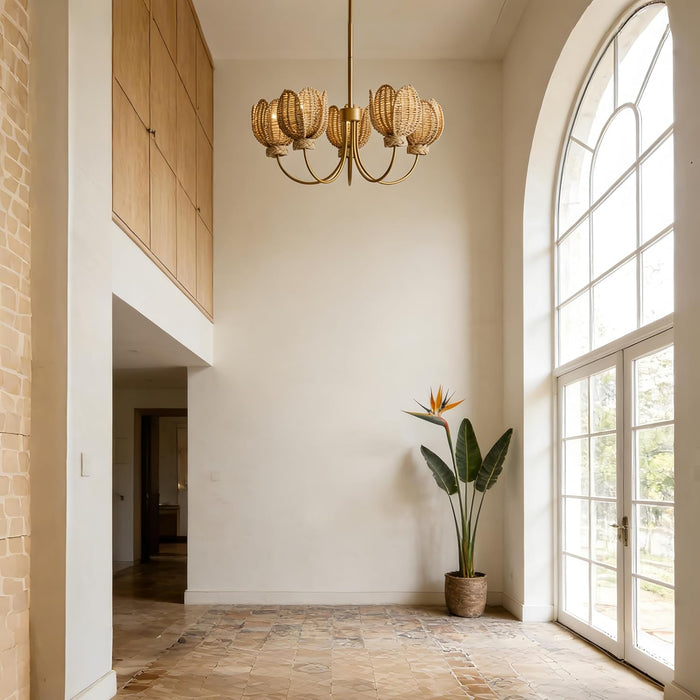 Natural Artisanal Wicker and Brass Chandelier, 38'' Hanging Light Fixture with Tulip Shades, Pendant Lights for Dining Room, Bedroom, Living Room